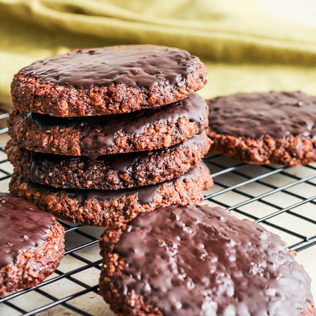 Vegan Chocolate Digestives made with Gut Feel superfood flaxseed, oats and coconut sugar 