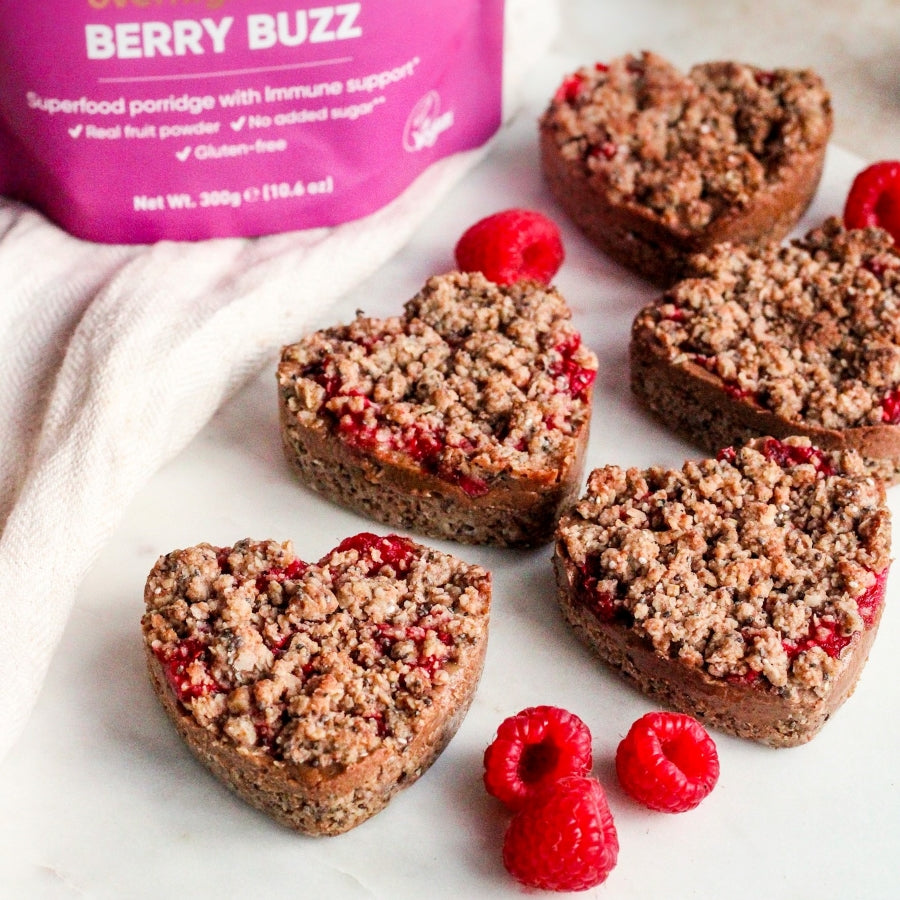heart shaped gluten free valentine's flapjacks made with berry overnight oats bursting with beta glucans and vitamin C 